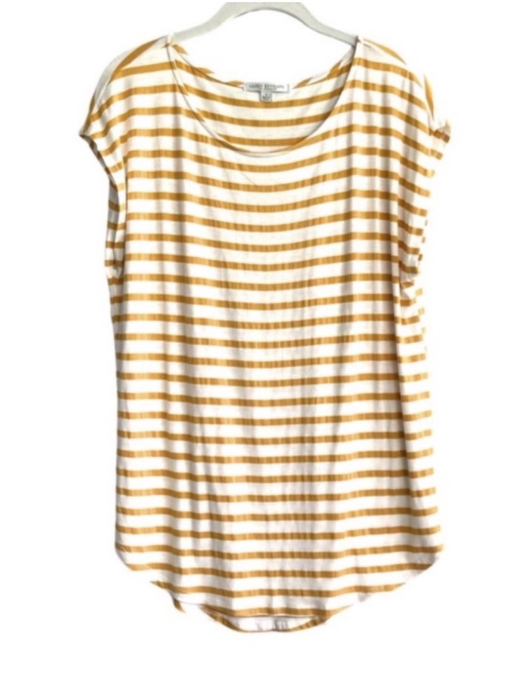 Green Envelope Muscle Tee Cap Sleeve Striped Dark Mustard Tan White Size L